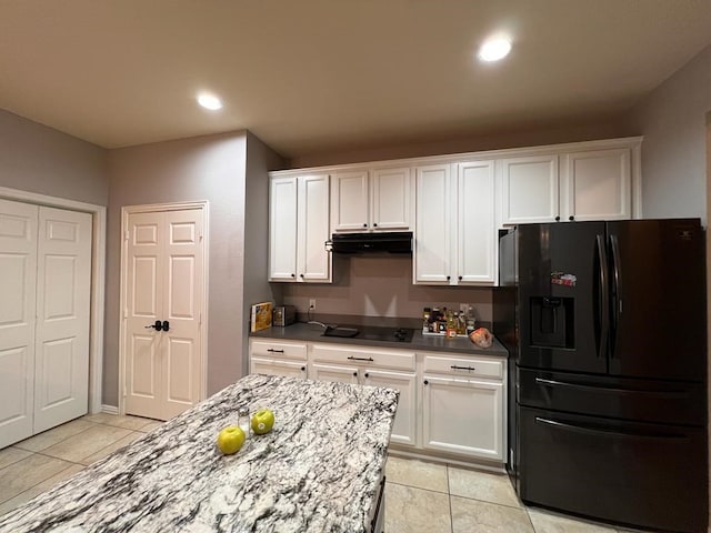 kitchen featuring recessed lighting, white cabinets, light tile patterned flooring, under cabinet range hood, and black appliances