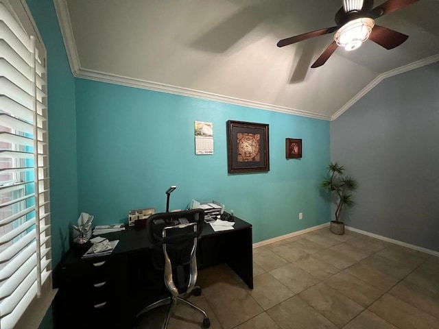 office with ceiling fan, baseboards, vaulted ceiling, and crown molding