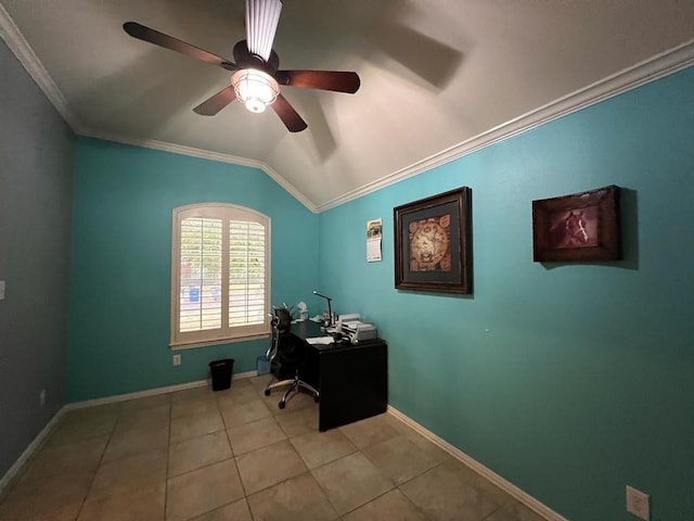 office with tile patterned flooring, a ceiling fan, baseboards, vaulted ceiling, and ornamental molding