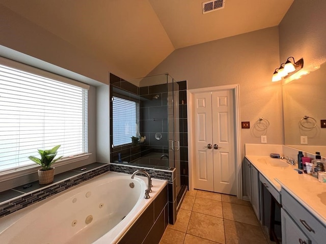 bathroom featuring double vanity, visible vents, a sink, a shower stall, and a tub with jets