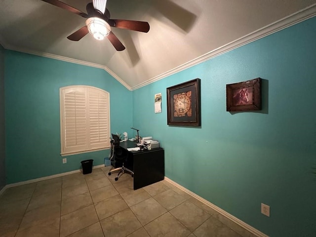 office featuring lofted ceiling, ornamental molding, baseboards, and tile patterned floors