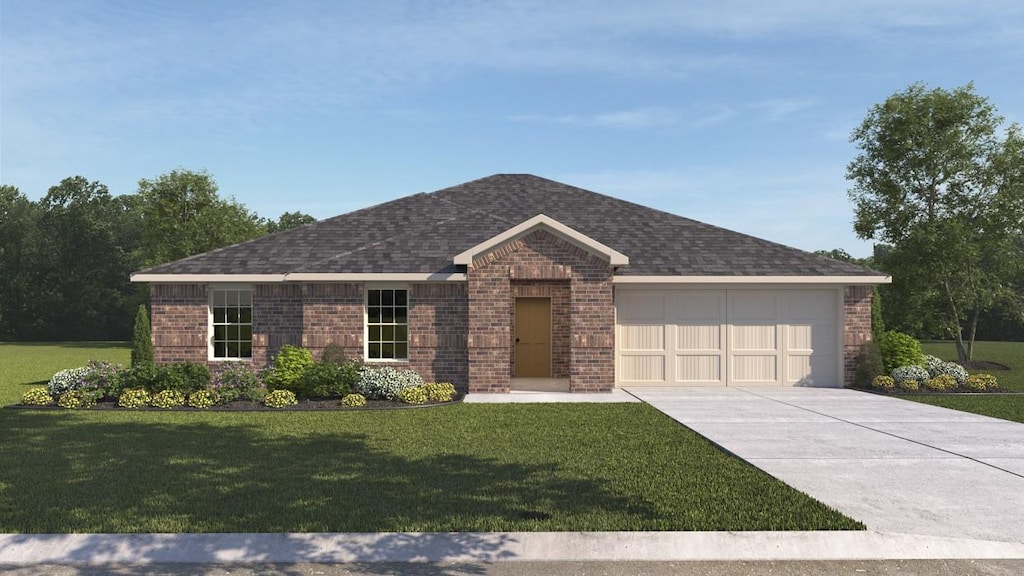 single story home featuring driveway, a shingled roof, an attached garage, a front lawn, and brick siding