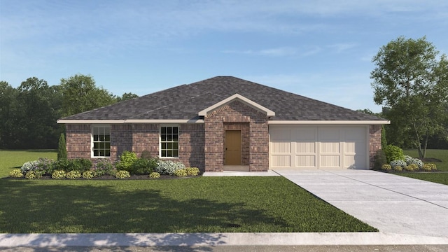 single story home featuring driveway, a shingled roof, an attached garage, a front lawn, and brick siding