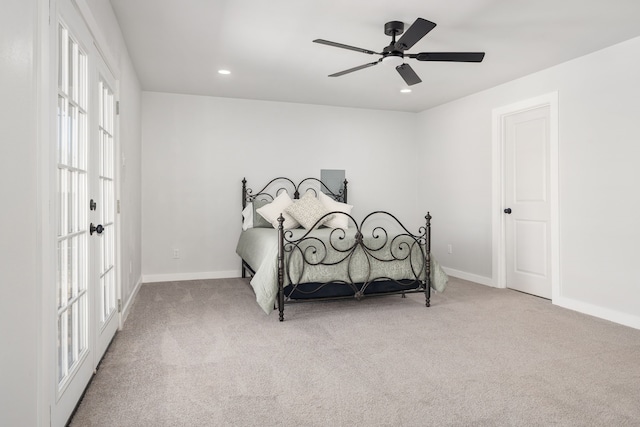 carpeted bedroom with recessed lighting, french doors, ceiling fan, and baseboards