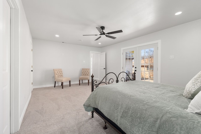 bedroom with recessed lighting, baseboards, carpet flooring, and french doors