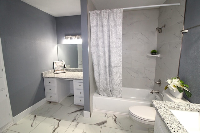 full bath featuring baseboards, marble finish floor, vanity, and shower / bathtub combination with curtain