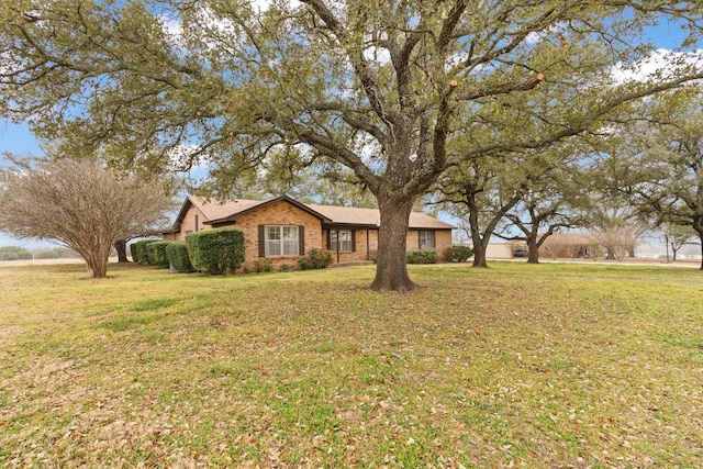 single story home featuring a front lawn and brick siding