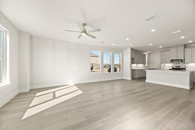 unfurnished living room featuring visible vents, a sink, and light wood-style flooring