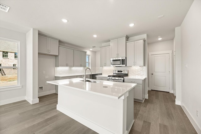 kitchen featuring visible vents, a sink, a kitchen island with sink, stainless steel appliances, and backsplash