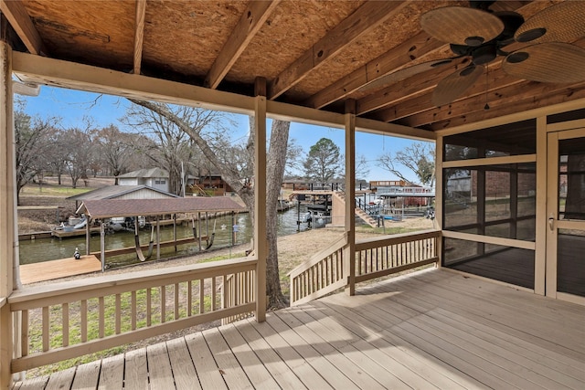 wooden deck featuring a water view and a dock