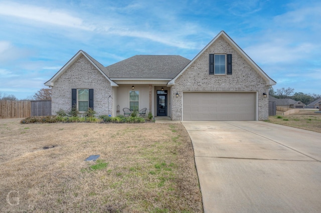 traditional-style home with brick siding, fence, concrete driveway, and a front yard