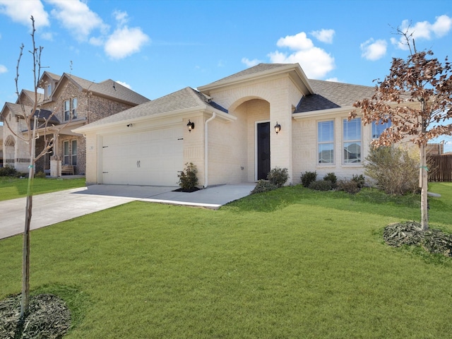 view of front of property featuring a garage, concrete driveway, brick siding, and a front lawn