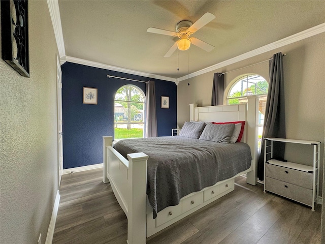 bedroom featuring dark wood-style floors, multiple windows, a textured wall, and ornamental molding