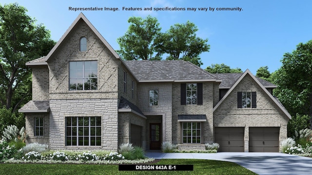 view of front of property with an attached garage, brick siding, a shingled roof, concrete driveway, and stone siding