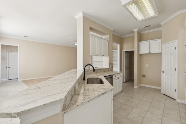 kitchen featuring light stone counters, crown molding, white cabinetry, a sink, and a peninsula