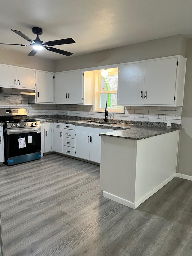 kitchen with tasteful backsplash, dark countertops, a sink, under cabinet range hood, and stainless steel gas range oven