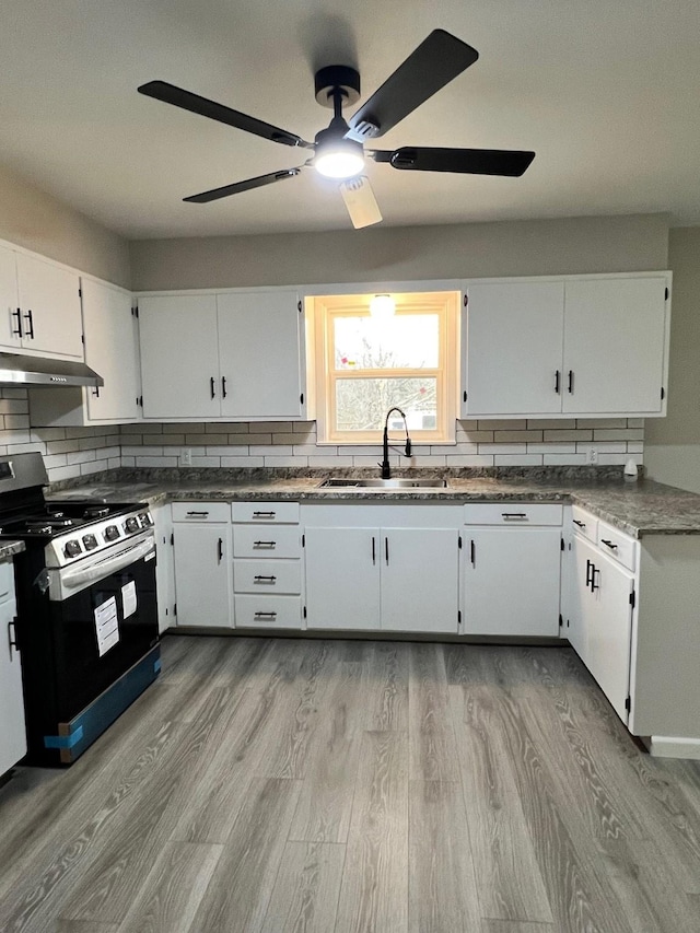 kitchen featuring backsplash, stainless steel range oven, a sink, and under cabinet range hood