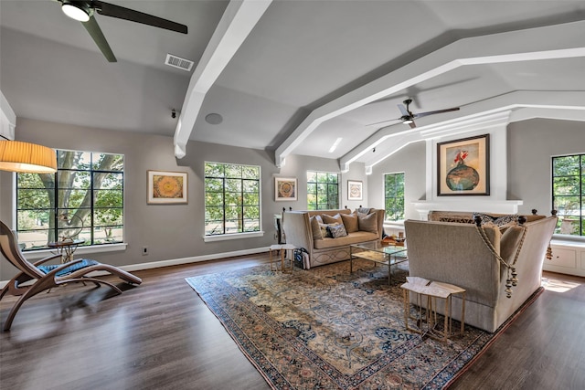 living room featuring dark wood-style floors, visible vents, lofted ceiling with beams, a ceiling fan, and baseboards