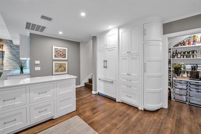 kitchen featuring ornamental molding, white cabinets, visible vents, and dark wood-style flooring