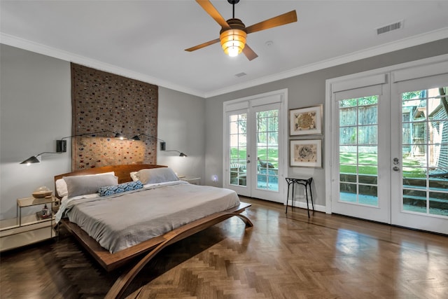 bedroom featuring visible vents, baseboards, access to exterior, french doors, and crown molding