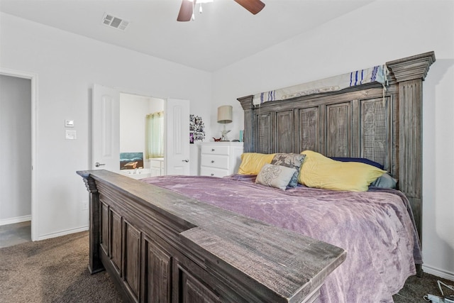 bedroom with baseboards, visible vents, dark carpet, and a ceiling fan