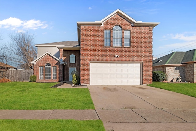 traditional-style home with brick siding, a front yard, fence, a garage, and driveway