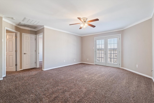 unfurnished room featuring carpet flooring, visible vents, baseboards, ornamental molding, and french doors