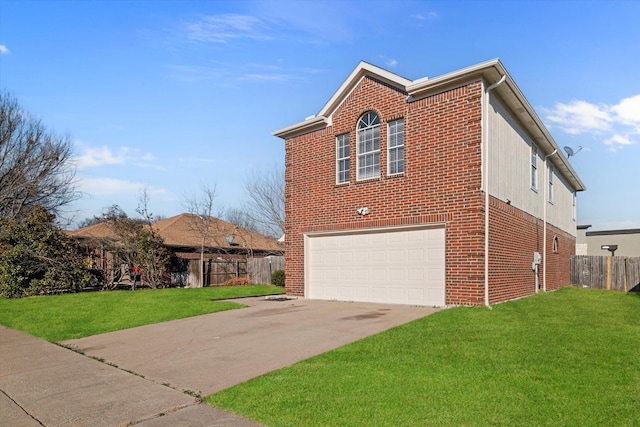 view of front facade featuring a front yard, brick siding, driveway, and fence