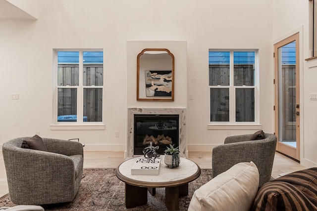 living room with a fireplace, baseboards, and wood finished floors