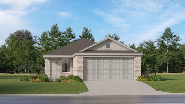 view of front facade with an attached garage, concrete driveway, brick siding, and a front yard