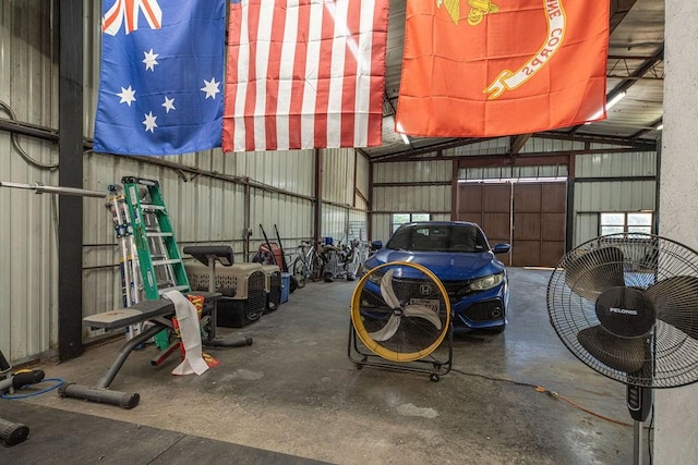 garage with metal wall