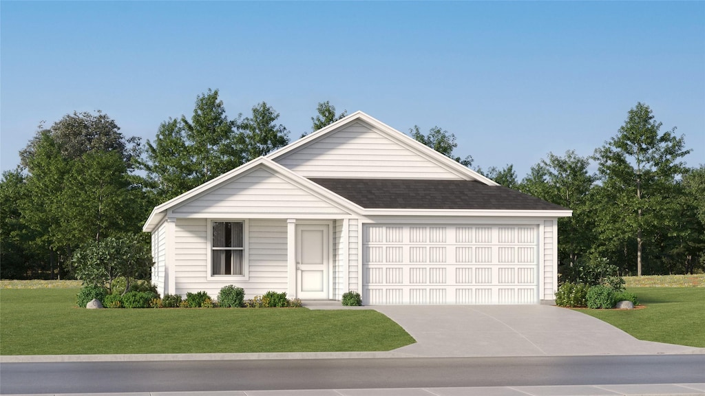 ranch-style home featuring an attached garage, concrete driveway, roof with shingles, and a front yard