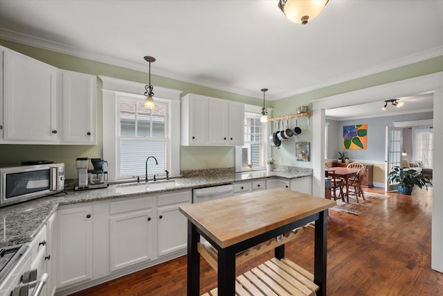 kitchen featuring white cabinets, dark wood finished floors, stainless steel appliances, and a sink