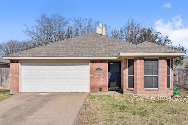 single story home featuring driveway, a shingled roof, fence, and brick siding