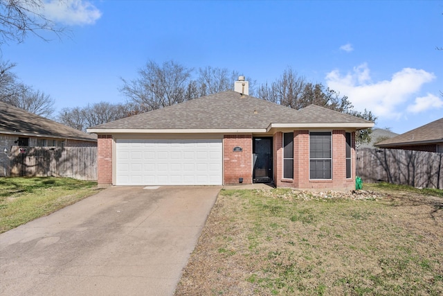 view of front of property with a garage, concrete driveway, fence, a front lawn, and brick siding