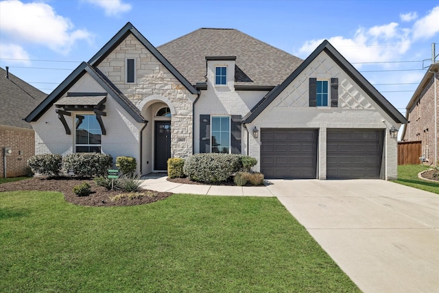 french country style house featuring brick siding, concrete driveway, roof with shingles, a front yard, and a garage