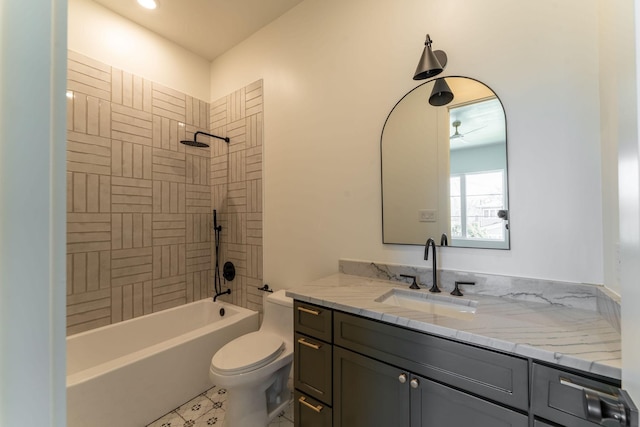 full bathroom with washtub / shower combination, vanity, and toilet