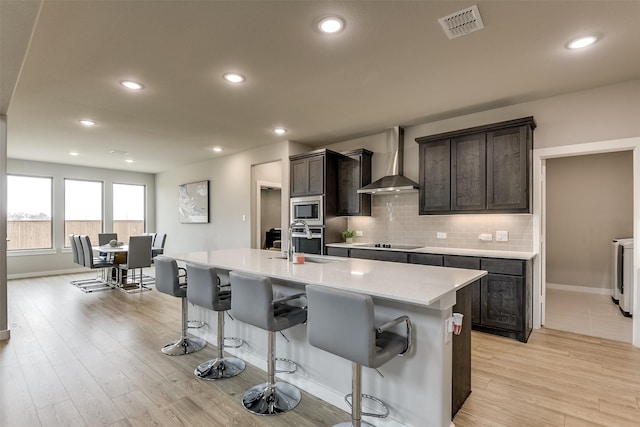 kitchen with a breakfast bar area, stainless steel appliances, visible vents, wall chimney range hood, and decorative backsplash