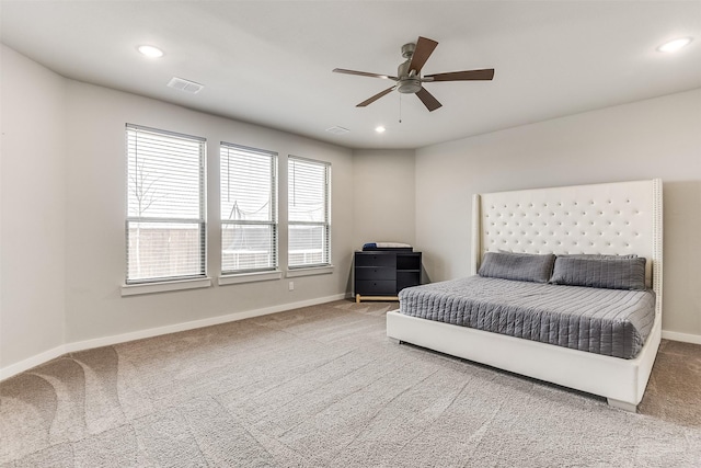 bedroom featuring carpet, visible vents, baseboards, and recessed lighting