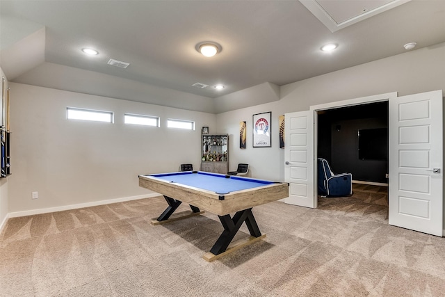 playroom with billiards, visible vents, baseboards, light colored carpet, and recessed lighting