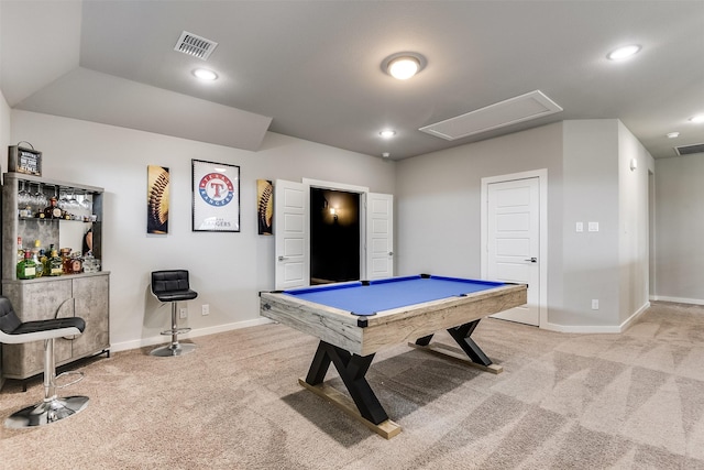 rec room with baseboards, carpet flooring, visible vents, and attic access