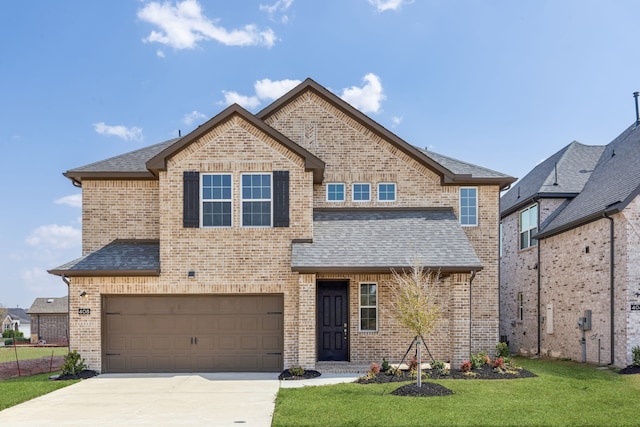 view of front of property with driveway, roof with shingles, a front yard, a garage, and brick siding