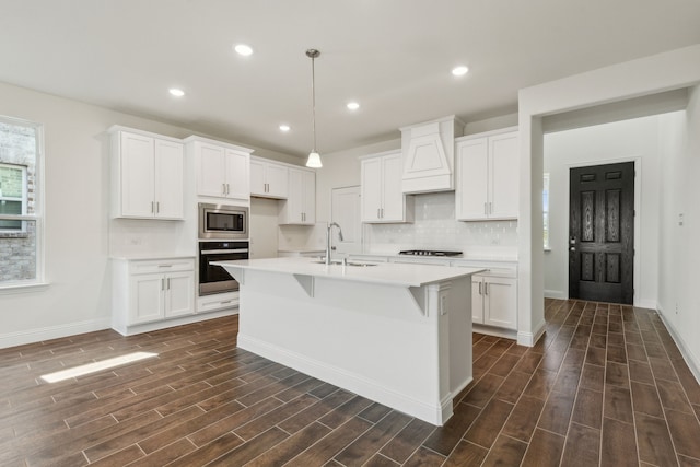 kitchen with backsplash, wood tiled floor, premium range hood, appliances with stainless steel finishes, and a sink