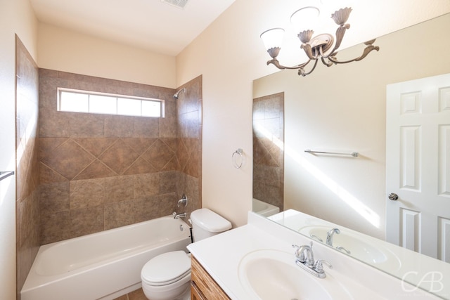 full bathroom with visible vents, bathing tub / shower combination, toilet, vanity, and a notable chandelier