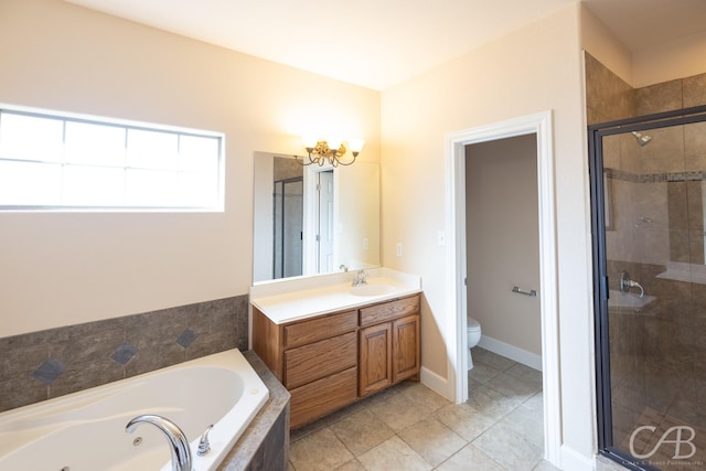 bathroom featuring toilet, vanity, baseboards, a tub with jets, and a stall shower