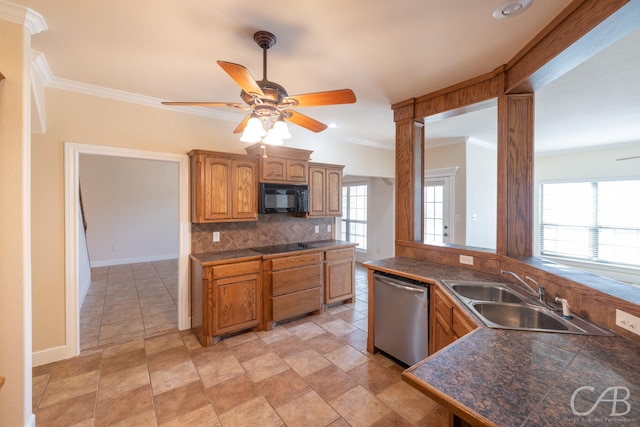 kitchen featuring brown cabinets, crown molding, backsplash, a sink, and black appliances