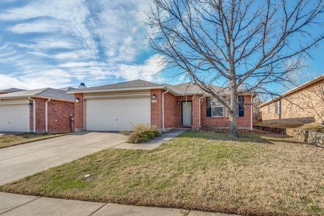 ranch-style home with a garage, brick siding, driveway, and a front lawn