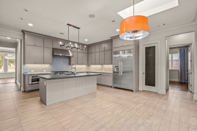 kitchen with under cabinet range hood, tasteful backsplash, stainless steel appliances, and gray cabinetry