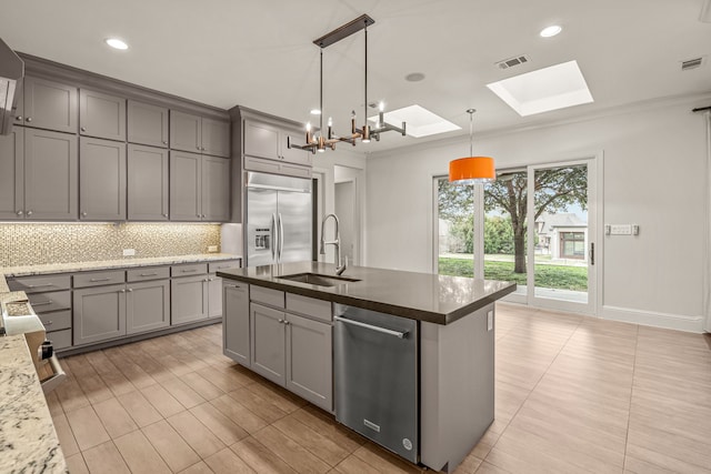 kitchen with a skylight, tasteful backsplash, gray cabinetry, appliances with stainless steel finishes, and a sink