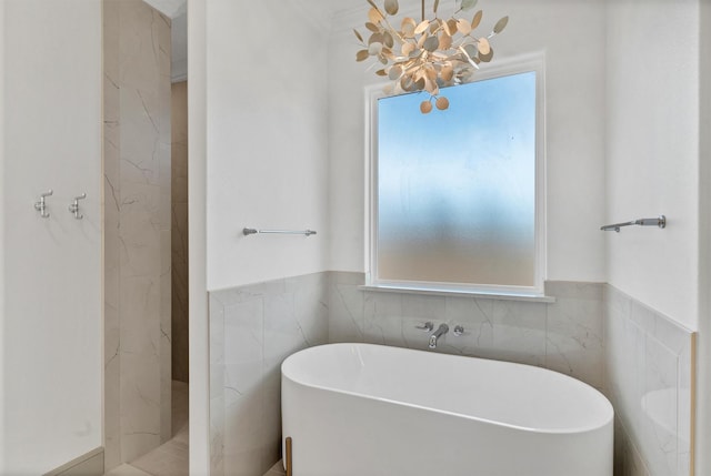 full bath featuring a soaking tub, plenty of natural light, a walk in shower, and wainscoting